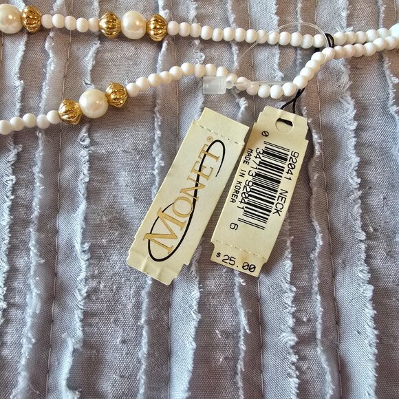 Vintage Faux Pearl,White, Gold Bead Choker Necklace Monet 15"- 18" - Picture 8 of 13